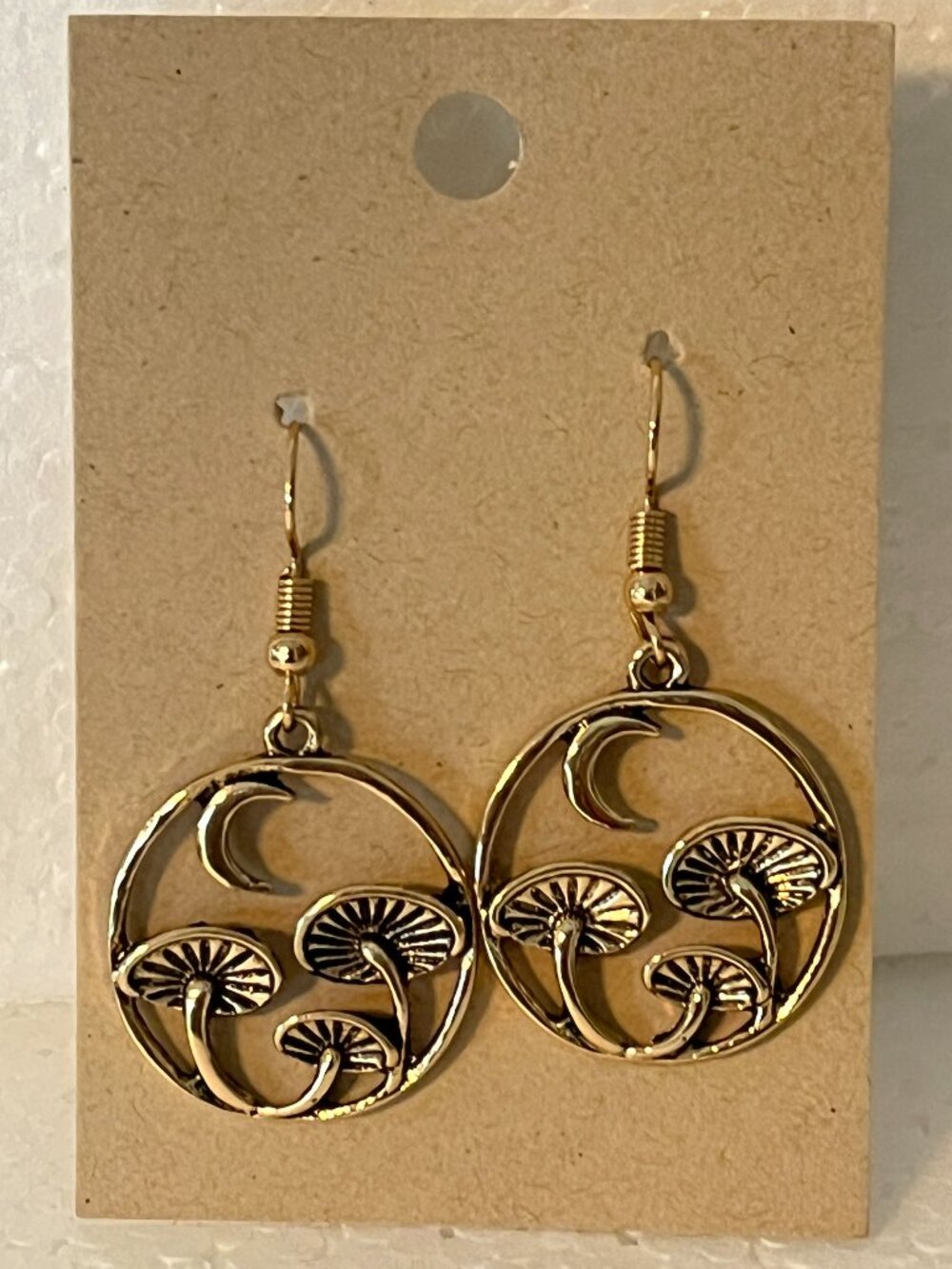 Mushroom Moon Pierced Earrings New Gold Tone Round Dangle Drop 1"
